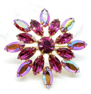 Eye Catching Vintage Gold Tone Pink Aurora Borealis Glass Navette Floral Brooch