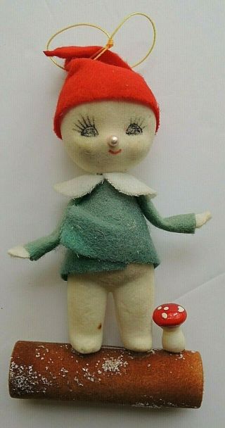Vintage Flocked Felt Pixie Elf Sprite On Log W Mushroom Ornament