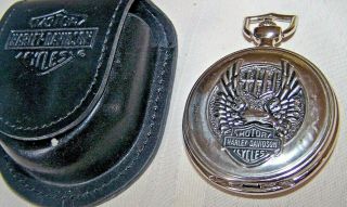 Franklin Harley Davidson Eagle W/flames Pocket Watch & Leather Pouch Exc