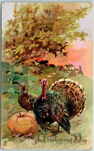 Vintage 1910s Thanksgiving Postcard 2 Turkeys " Good Wishes " On Pumpkin Tuck 