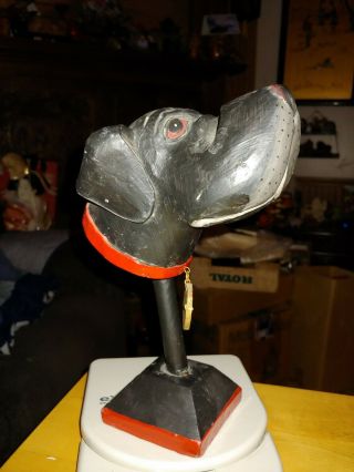 Vintage Carved Dog Head On A Stand Wooden