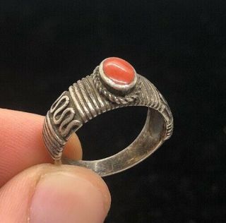 Vintage Sterling Silver Ring 925 Size 6 Red Stone Coral? Snake Lines Estate