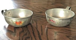 2 Vintage Metal Camping Cups / Bowls With Handle - Hand Painted Flowers