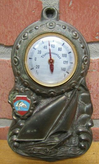 Old Ocean City Maryland Souvenir Thermometer Cast Metal Sign Sailing Ship Fish