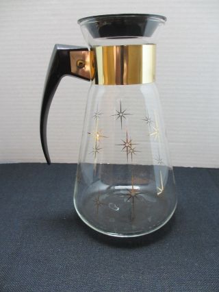 Vintage Mcm Corning Heat Proof Glass Gold Atomic Starburst 6 Cup Gold Coffee Pot