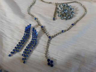 Set Of 3 Vintage Blue Crystal Rhinestone Necklace,  Brooch And Earrings