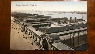 Cunard Line Lusitania Birds Eye View At Chelsea Piers Ny C1910 Postcard