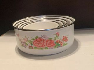 Set Of 5 Vintage Metal Enamel Kitchen Nesting Bowls With Lids Floral Design