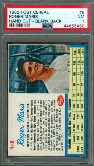 1962 Post Cereal Roger Maris 6 Yankees Psa 7 (nearmint)