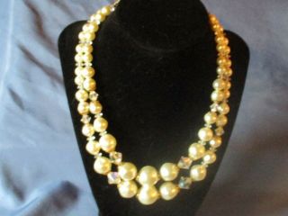 Vintage Signed Art 2 Strand Gold - Tone Metal Crystal & Faux Pearl Bead Necklace