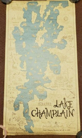 Vintage 1974 Map Whimsical View Of Lake Champlain Vermont Drawing Langworthy