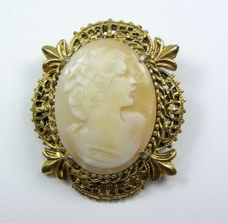 Vintage Florenza Carved Cameo Pin Brooch Gold Tone Filigree Fleur De Lis Vtg