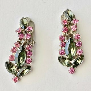 Vintage Smoky Topaz Gray & Pink Rhinestone Flower Clip Earrings 15