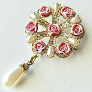 Vintage Pink Flower Crystal Rhinestone Pearl Gold Tone Brooch Pin 43