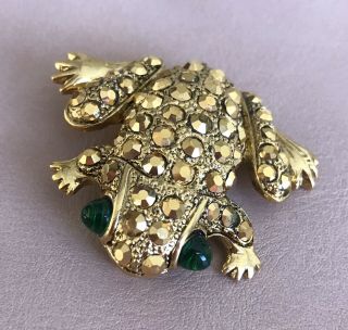 Vintage Signed Kenneth Lane Gold Rhinestone Green Glass Eyes Frog Toad Brooch