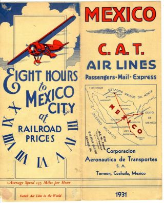 Mexico 1931 C.  A.  T.  Corporacion Aeronautica De Transportes Timetable Schedule