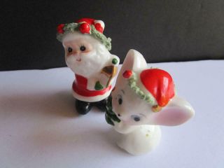 Vintage Napco Japan Ceramic Christmas Santa Claus Mouse Figurine Miniature Pair