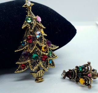 Vintage Signed Hollycraft Christmas Tree Brooch & Earring - Read