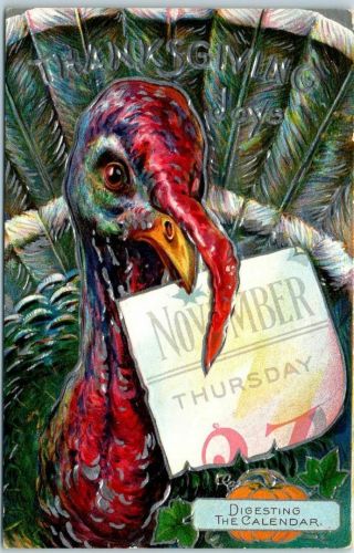 Vintage Thanksgiving Embossed Postcard Turkey W/ Calendar Page In Beak C1910s