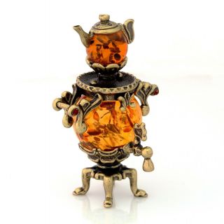 Russian Samovar Brass Bronze Figurine Baltic Amber Decorative Miniature Souvenir