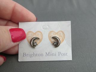 Vintage Brighton Silver Tone Rhinestone Quarter Moon Star Stud Post Earrings