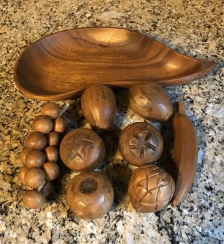 Mcm Vintage,  Carved Wooden Fruit,  Boomerang Bowl,  Mid Century Cond.