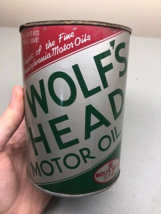 Vintage Wolfs Head Pennsylvania Refinery Metal Oil Motor Can Quart