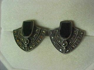 Vtg Sterling Silver 925 Pierced Art Deco Black Onyx Earrings W Marcasite E