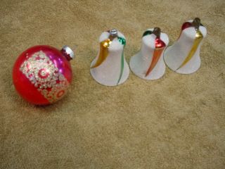 Vintage West Germany Bell Glass Christmas Ornaments 3 Glitter Bells,  Shiny Br