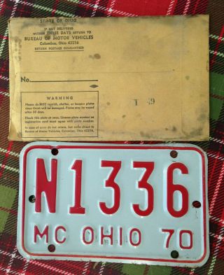 1970 Ohio Motorcycle License Plate W/mailer