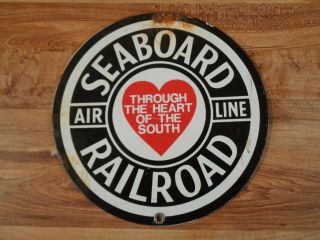 Vintage Seaboard Railroad Porcelain Sign Through The Heart Of The South (e1)