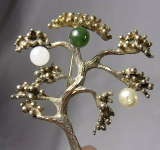Vintage Sterling Silver White - Green Jade Stone Chinese Bonsai Tree Pin/brooch