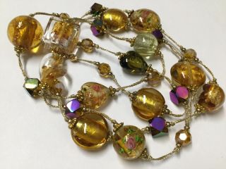 Vintage Champagne Crystal Gold Foil Art Glass Bead Necklace Toggle Clasp