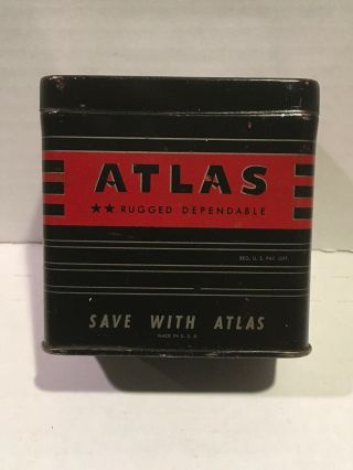 1950’s? Vintage Atlas Battery Old Tin Can Bank