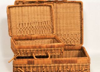 Vintage Wicker Rattan Suitcase Picnic Basket - Set Of Two
