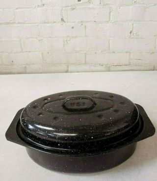 Small Vintage Black Graniteware Roaster W/ Lid Usa 12 7/8 " L X 8 " W X 3 1/4 " H