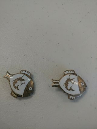 Vintage Siam Sterling Silver White Enamel Fish Clip Earrings