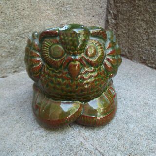 Vintage Green Ceramic Owl Planter Pot Cherokee Pottery Signed - 1977