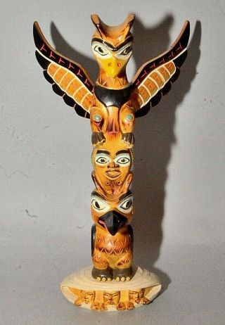 Legend Of Mankind Signed Hand Carved Painted Miniature Alaskan Wood Totem Pole
