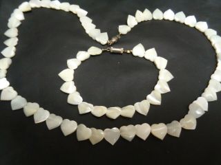 Vintage Heart Shape Mother Of Pearl Beaded Necklace & Bracelet Set Barrel Clasp