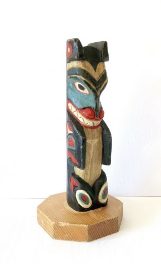 Vintage Totem Pole Alaska Black Diamond Hand Carved Painted Signed Wolf