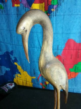 Vtg Hand Carved Water Buffalo Horn Egret/heron/crane Bird On Wood Base