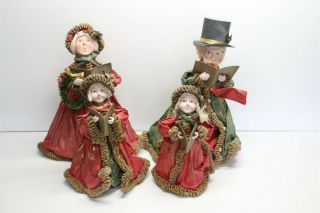 Hand Painted Bisque And Paper Caroler Christmas Doll 4pc Family Set