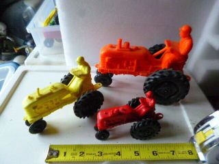 3 Vintage Ohio 3 Diff.  Sizes 7 " 5 " 4 " Hard Plastic Rubber Toy Tractor W/farmer