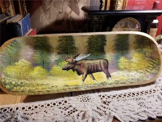 Vintage Rustic Cabin 26 " Hand Hewn Wood Dough Bowl Painted Moose Trees Forest