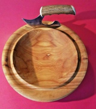 Alaskan Birch Chopping Bowl Signed & Moose Antler Handle Ulu Collectible Euc