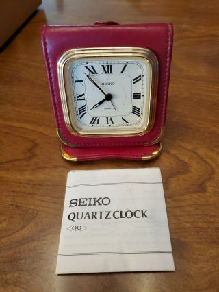 Vintage Seiko Quartz Travel Clock Foldover Leather Case Japan