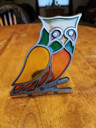 Vintage Stained Glass Owl Cast Iron Metal Candle Holder Tea Light Tealight