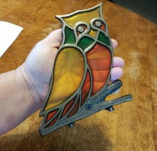 Vintage Stained Glass Owl Cast Iron Metal Candle Holder Tea Light Tealight 2