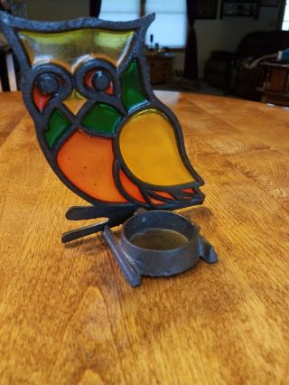 Vintage Stained Glass Owl Cast Iron Metal Candle Holder Tea Light Tealight 3